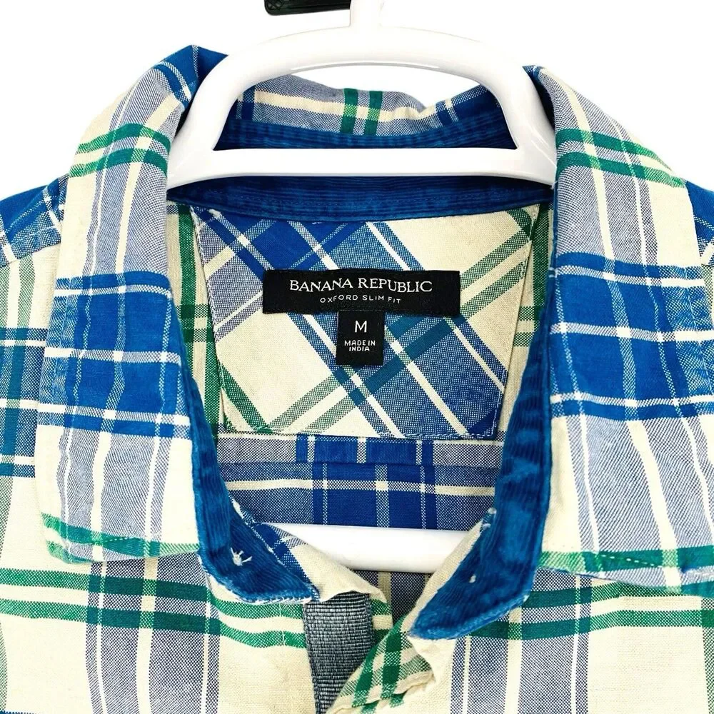 Banana Republic‎ Oxford Slim Fit Blue Green Plaid Corduroy Trim Mens Shirt M
